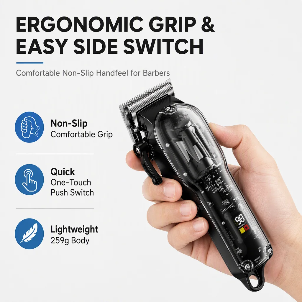 Professional Transparent Hair Clipper Trimmer Kit USB Cordless Barber Grooming Set with LED Display 4 Guide Combs for Men