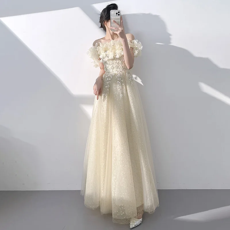 2025 novo verão feminino um ombro champanhe vestido de noite elegante, magro, doce banquete desempenho anfitrião vestido