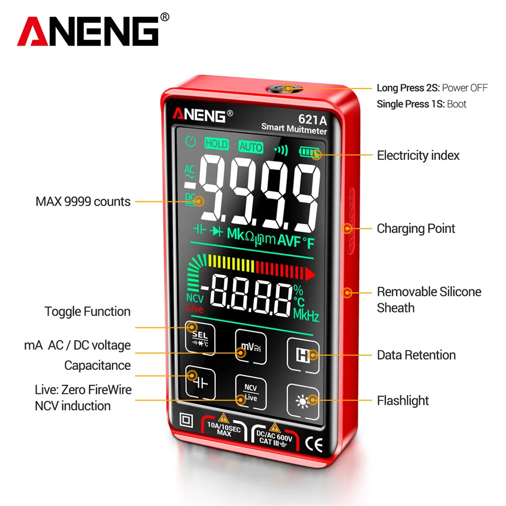 ANENG 621A Multimeter Rechargeable Multifunctional 9999 Counts Digital Smart AC/DC Votage Current Electricians Test Tools