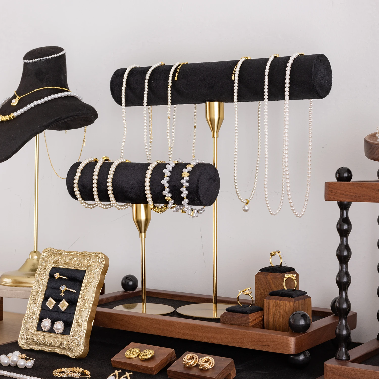 

Walnut Wood Jewelry Display Stand with Black Velvet Necklace Earring Ring Holder for Counter Top Retail Store Display Showcase