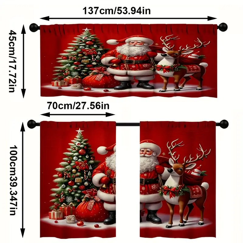 VIKAMA Kitchen Window Curtain Christmas Santa Tree Print Cafe Curtain Tier Curtain for Kitchen Window Home Holiday Festive