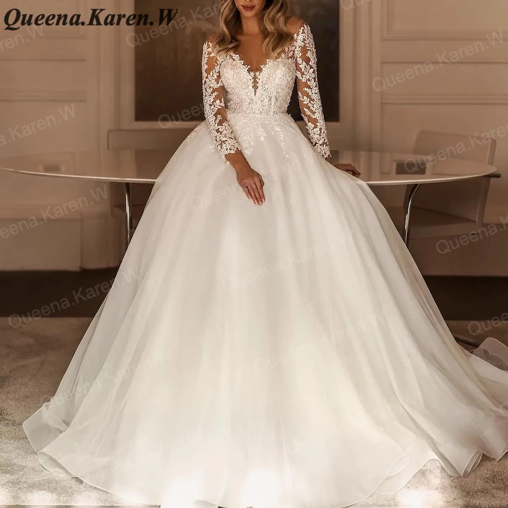 Elegant princess Wedding Dress long sleeve V neck lace applique bride dress robe de mariee A line Wedding Bridal Gown