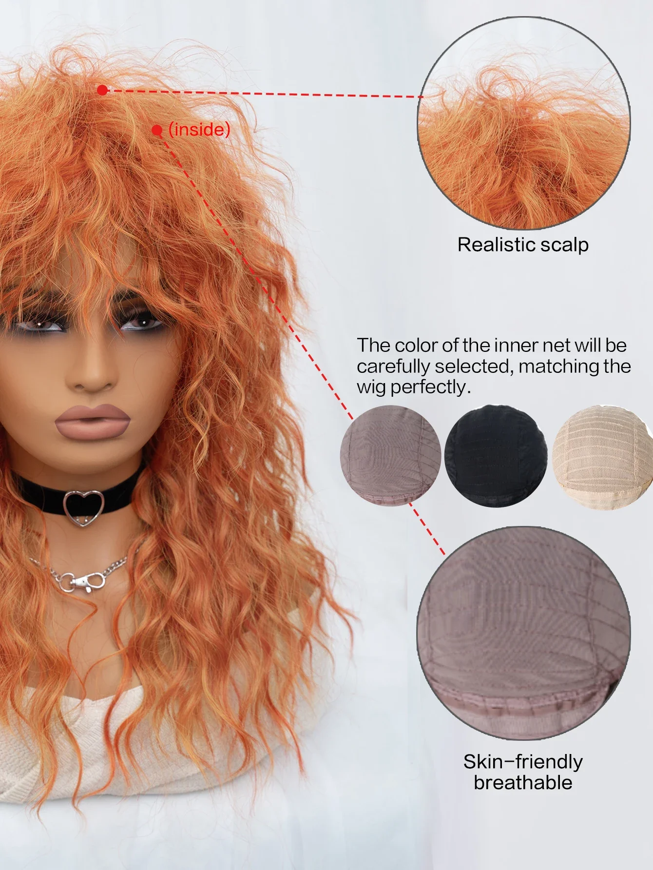 22Inch Orange Color Synthetic Wigs Middle Part Long Natural Curly Hair Wig for Women Daily Use Cosplay Party Heat Resistant