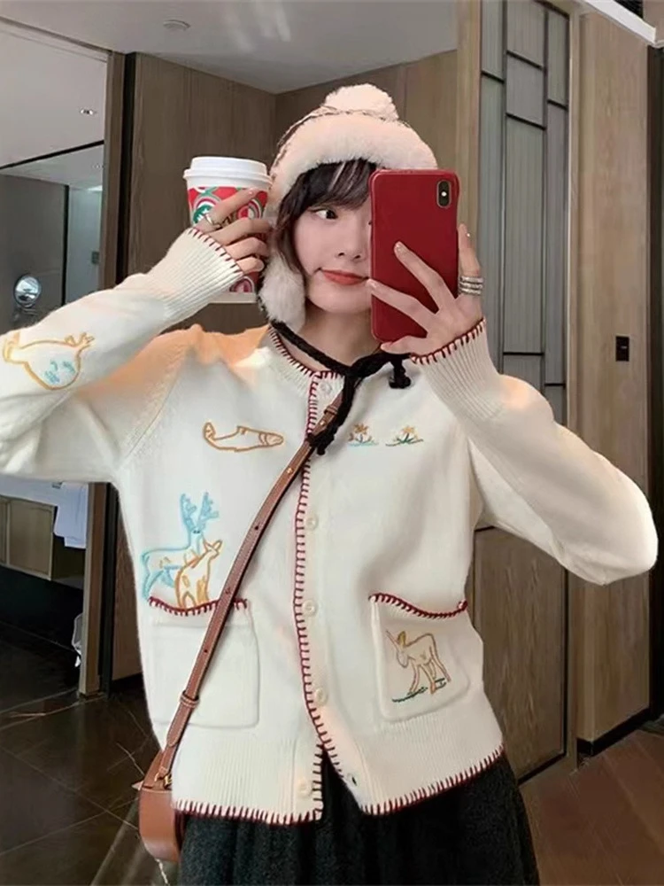 

Fairy Tale Town Heavy Industry Embroidery Wool Cardigan Painting Zoo Shoulder Sweater Knitted Sweater Coat Women