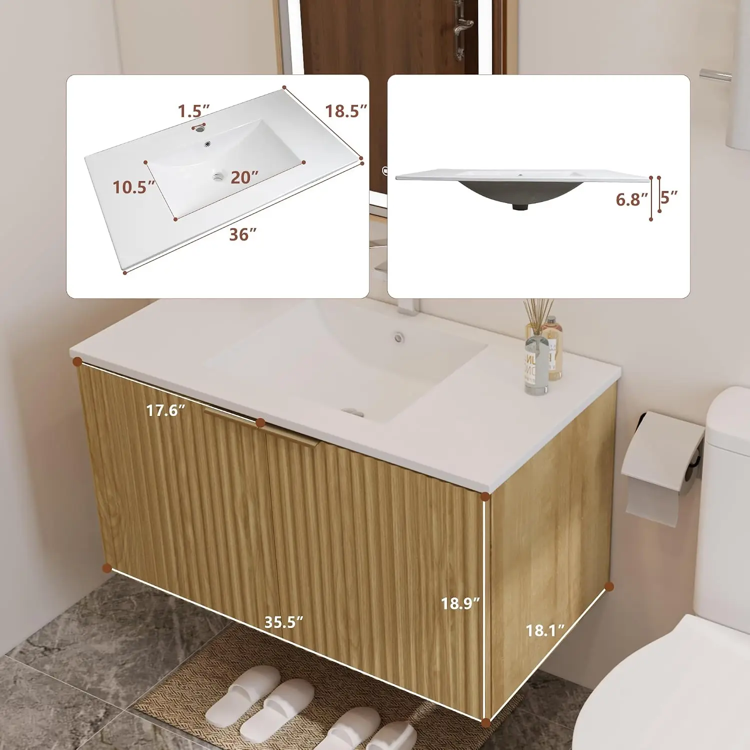 Modern Floating Bathroom Vanity With Wavy Textured Doors Wall Mounted Storage Cabinet Soft Close Hinges Ceramic Sink Basin Organizer For Home Restroom Nature view 2