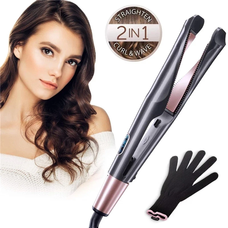 2 In 1 Pro Twist Hair Straightener And Curler Spiral Wave Curling Gold Titanium Flat Iron Straightening Curling Styling Tool