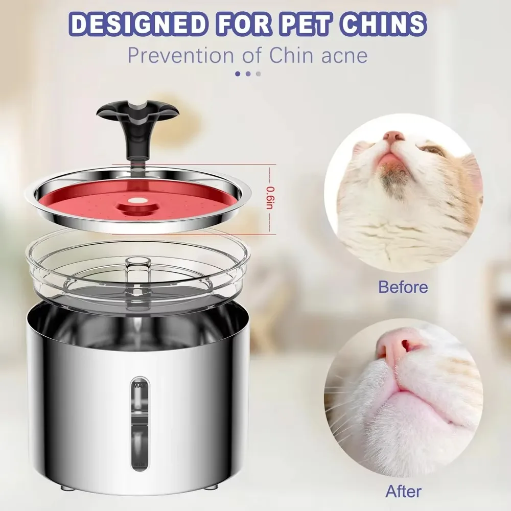 FurStar2.5L Pet Water Fountain Stainless Steel Automatic Cat Water Dispenser With LED Light Window Non-slip Smart Drinker For Do
