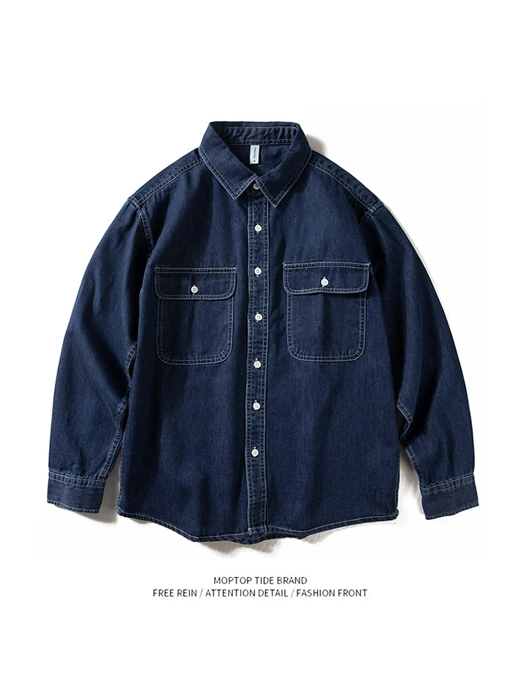 Mr. WH Casual Denim Shirt Long Sleeve Spring Autumn Loose American Style Youth Retro Simple Jacket for Men Polyester Fiber