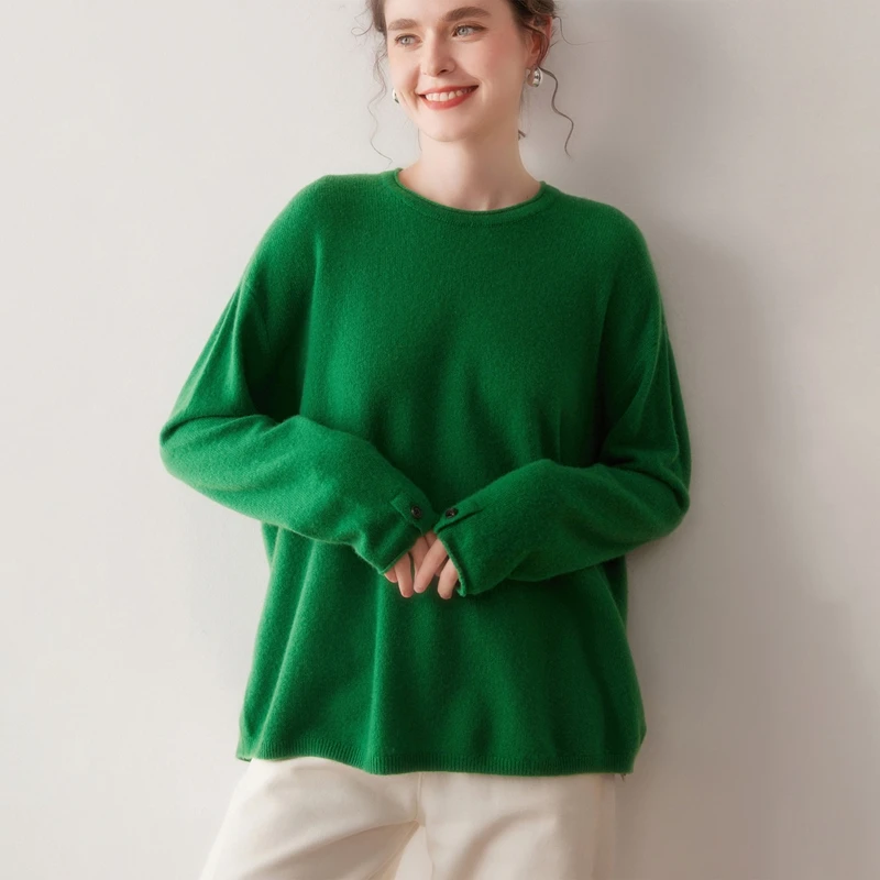 

Autumn and Winter Women's 100% Cashmere Sweater Casual O-Collar Pullover Knitted Solid Color Sweater Loose Hot SellingWomen'sTop
