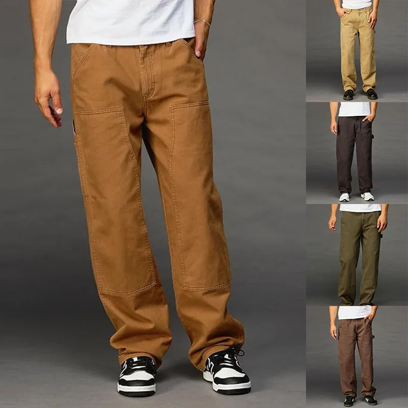 Washed Heavyweight Cotton Work Trousers Men's Spring Autumn Loose Straight Leg Cargo Pants Multi Pockets Workwear Casual