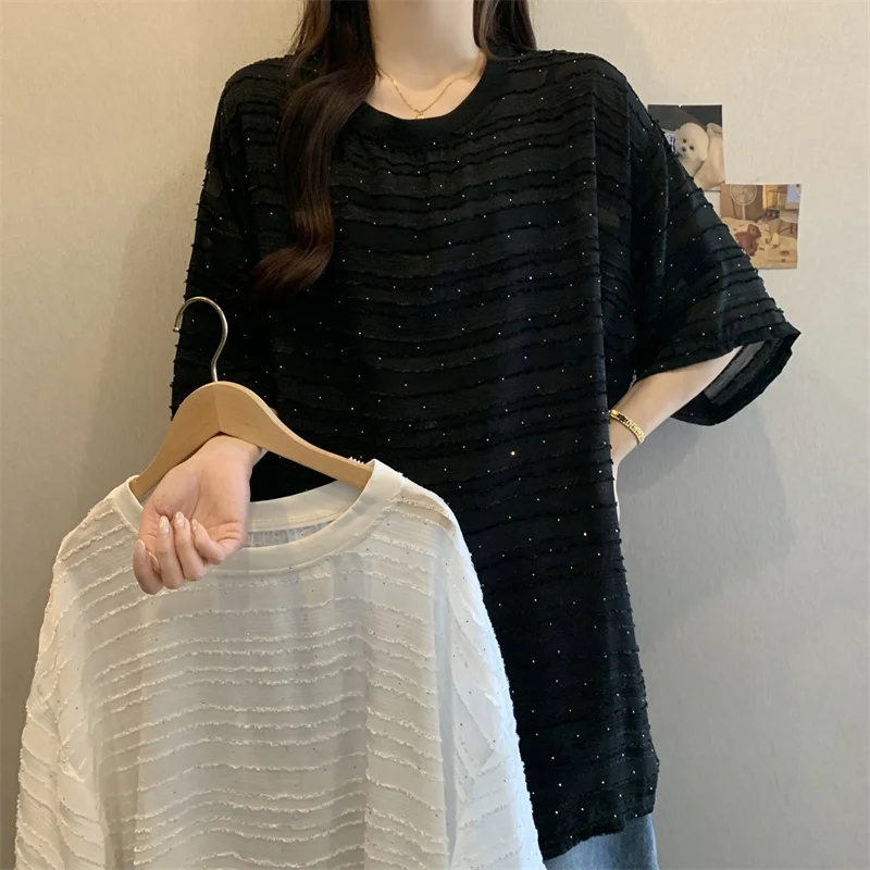 

Summer New Plus Size Women's French Round Neck Rhinestone Chiffon Doll Shirt Top