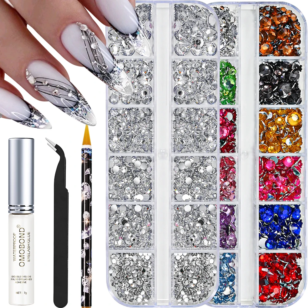 2Boxes Nail Art Rhinestone Kit Resin Flatback Crystals With Wax Pick-up Pen, Tweezers, Glue, DIY Nail Decors For Girls & Women *