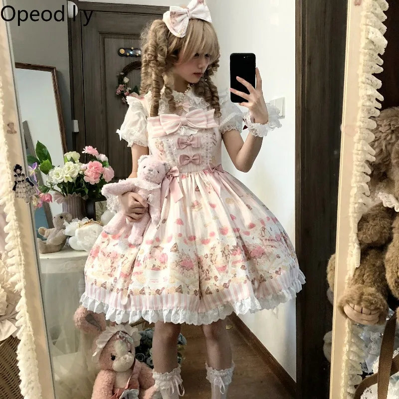 

Sweet Cute Doll Feeling Japanese Original Lolita Jsk Dress Tea Party Lace Edge Bow Cartoon Print High Waist Women's Dress