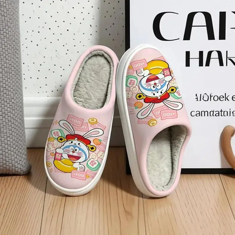 New Fashion Doraemon Blue Robot Cat Print Winter Plush Slippers Waterproof Upper Lined Closed Toe Home Shoes Unisex Indoor Use