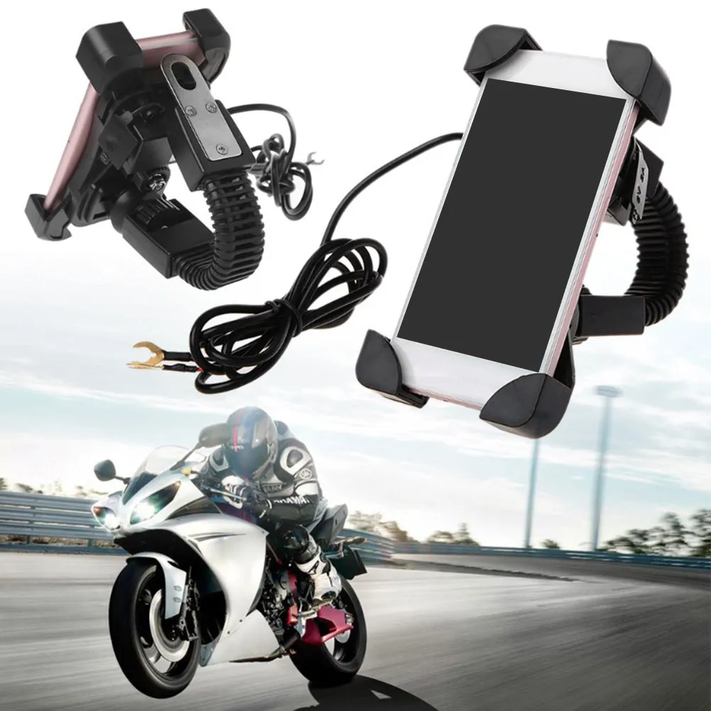 Motorcycle Phone Charger Mount Silicone Four Buckles Secure Fit 3.5-7 Inch Smartphone Handlebar Rearview Mirror USB Charging