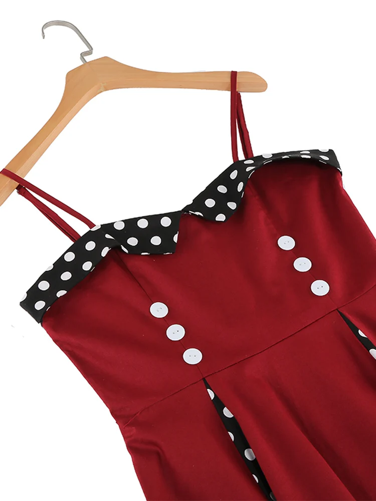 Tonval Sweetheart Neck Spaghetti Strap Double Breasted Long Dress 50s Pinup Vintage Polka Dot Women Party Sexy Dresses