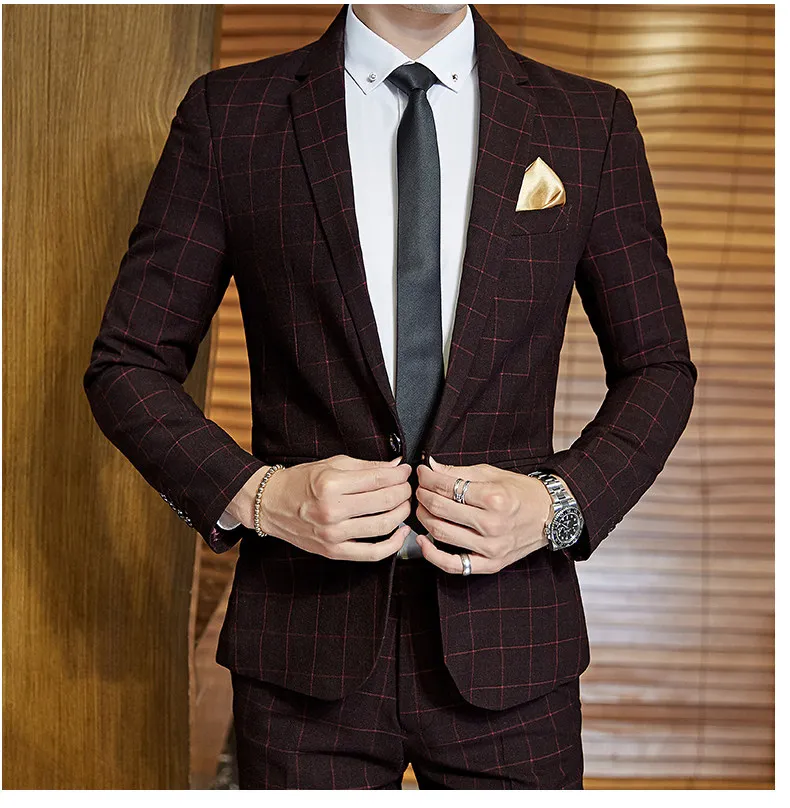 

Asian-sized Men's Blue Checkered Two-piece Suit ( Jacket and Pants), Perfect for Weddings, The Office, or Parties.