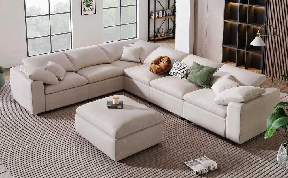 Oversized Modular Cushions Sofa Movable Ottoman,L-Shaped Corner Low Back Deep Seat Spacious Sectional  Couch Convertible Sleeper