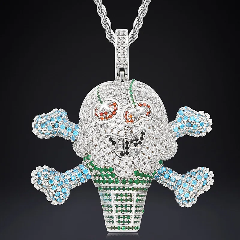 Iced Out Skull Pendant Necklace, Full CZ Cartoon Charm, Hip Hop Rapper Jewelry, Twisted Rope Chain Accessory
