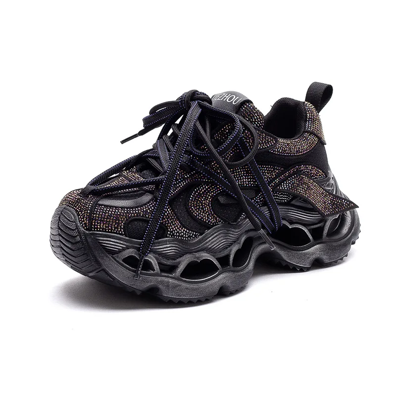 

Женские туфли-лодочки Lady Spring New с пайетками и стразами, на шнуровке, из коровьей кожи с сетчатыми вставками, увеличивающие рост, повседневные кроссовки, низкая обувь