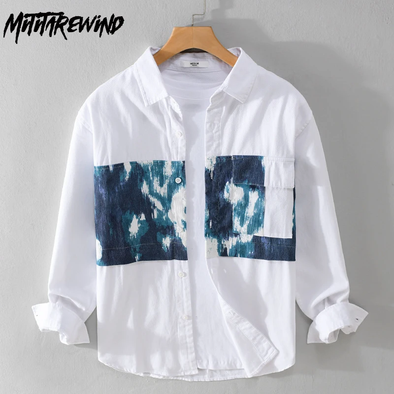 

Trend Printed Shirts for Men Spring Summer Street Causal New White Shirt Lapel Pocket Cotton Loose Shirt Youth Tops Streetwear