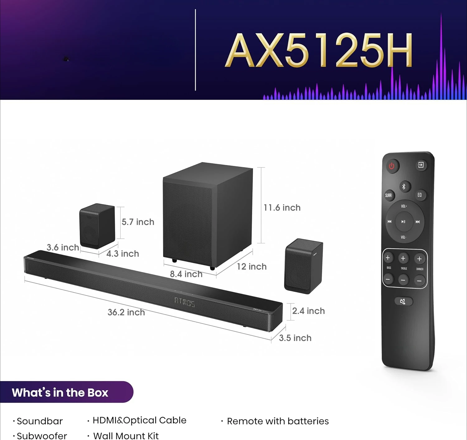 AX5125H 5.1.2Ch Sound Bar with Wireless Subwoofer, 500W, Dolby Atmos, Bluetooth 5.3, EzPlay, 4K HDMI Pass Through, Roku