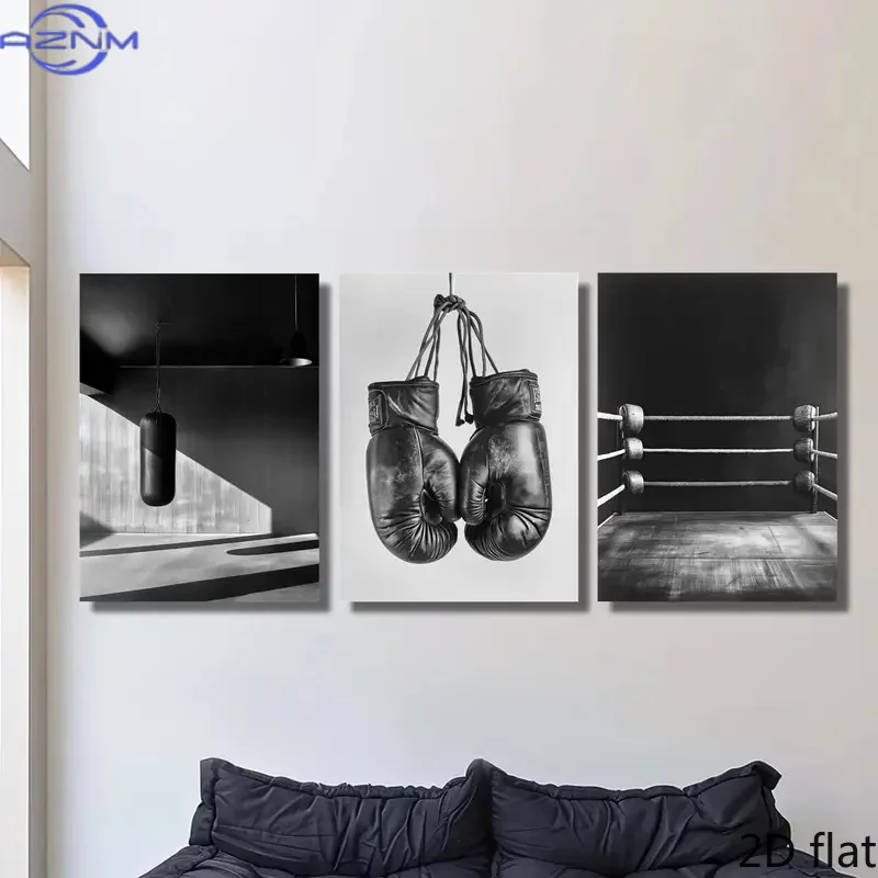 3pcs of 2D Flat Canvas Print Art, Vintage Dark Boxing, Black and White Retro Photos, Boxing Glove Posters, Suitable for Home Wa