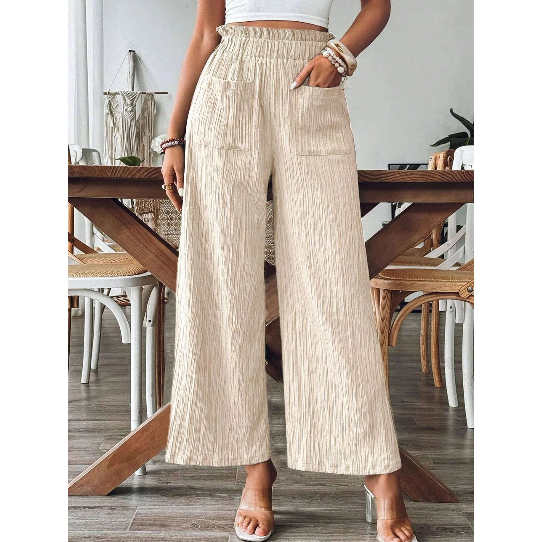 Cross-Border Casual Fashion Pants Straight Leg Pure Color Independent Women's Clothing Thin Model Elastic Waist Summer 2024