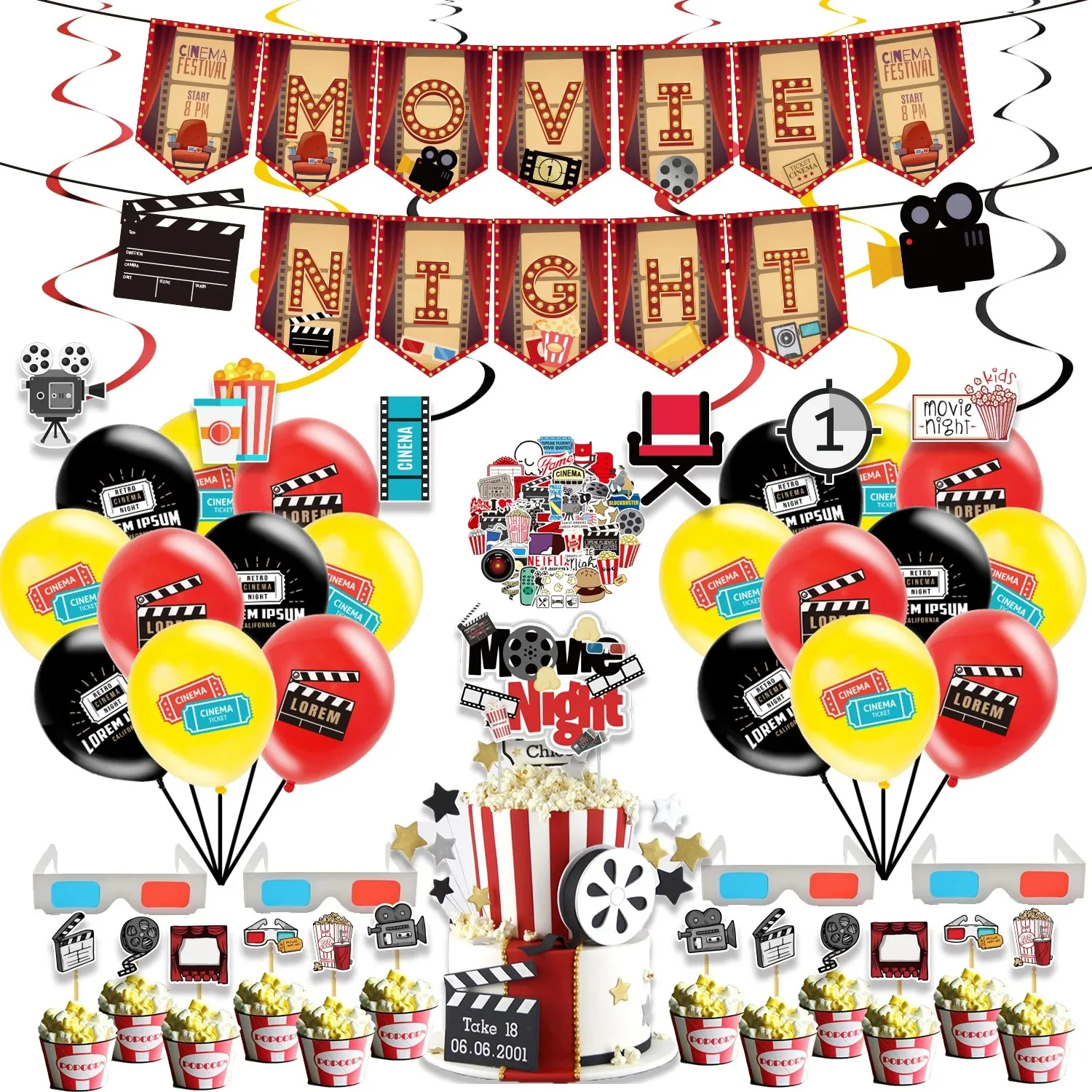 Camera Popcorn Glasses Movie Theater Theme For Kid Birthday Party Supplies 80s 90s Movie Cinema Film Projector Decorations Favor