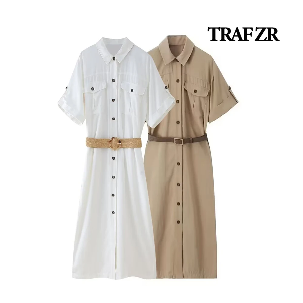 TRAF ZR Mid ShirtDress Short Turn-up Sleeves with Buttoned Tab Y2k Femmes Robe Front Pockets Chic Dresses with Contrast Belt