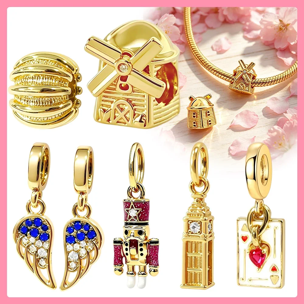Gold Windmill House Textured Original Charms 925 Sterling Silver Bead Fit Bracelets Bag Keychain Charms Diy Women Gift Accessory