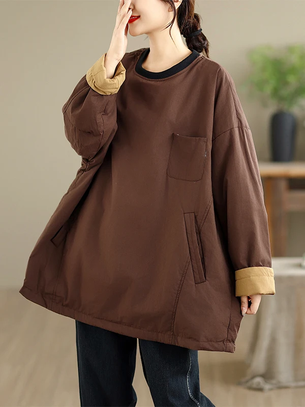 معطف شتوي نسائي من القطن من Thiened فضفاض مناسب للفني معطف شتوي طويل Sve مستدير Ne بطول منتظم للتنقل