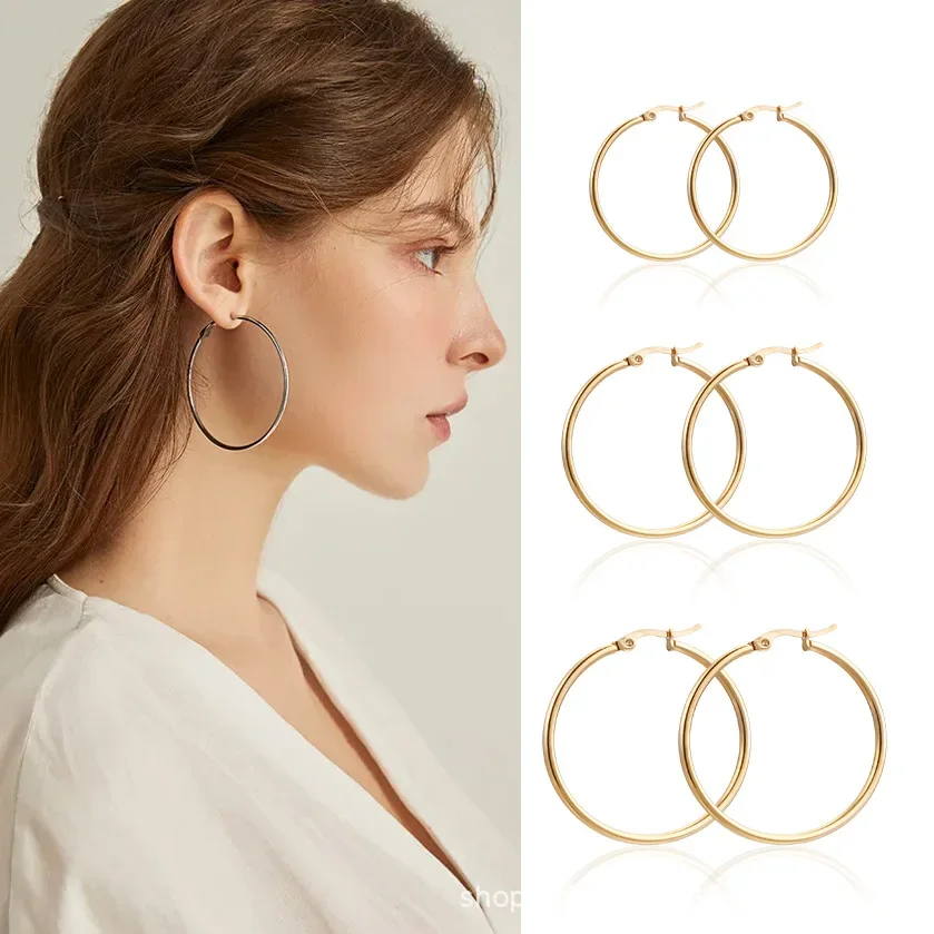 10pcs 5pair Fashion Stainless Steel Earrings Golden Silver Color Round Hoop Earrings Fashion Jewelry Base Earring for Women Gift