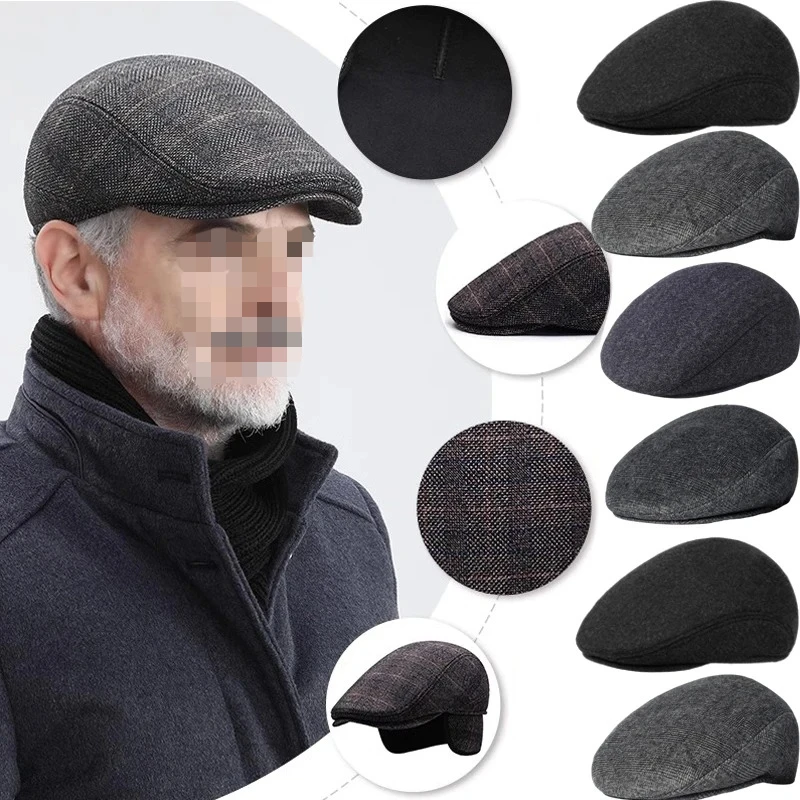 Boinas a cuadros de algodón para hombre y mujer, gorros de mediana edad para otoño e invierno, Boina en espiga, panadero, Tweed, 2024