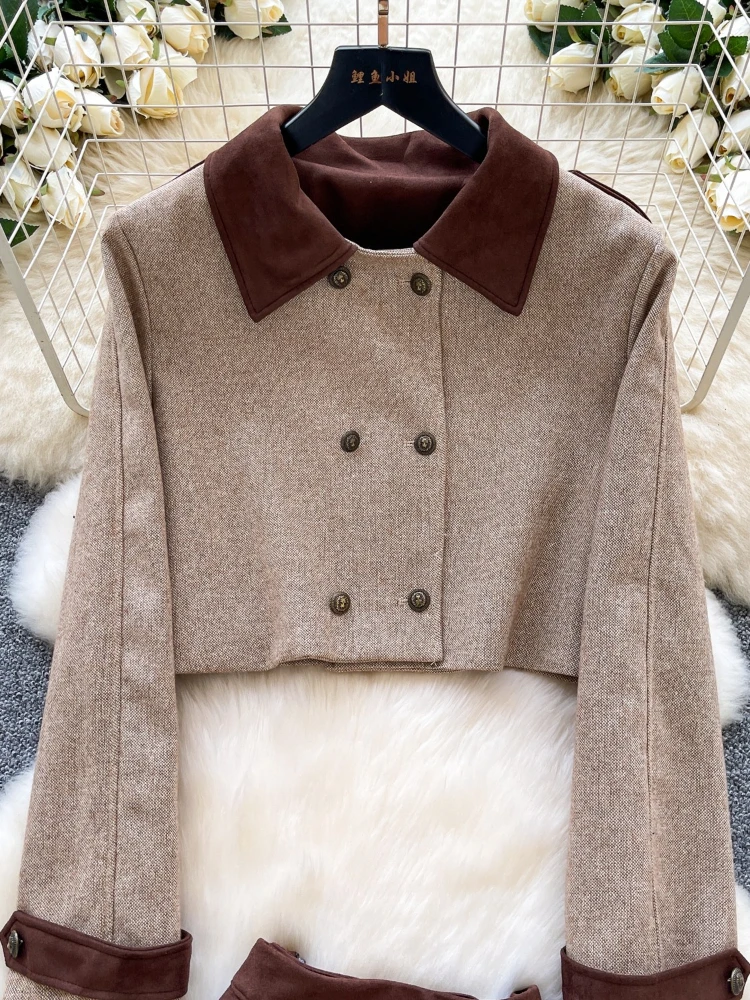 French Fashion Elegant Lapel Two Piece Set Women Autumn Winter Retro Slim Double Breasted Short Jacket + Pleated Skirt Outfit