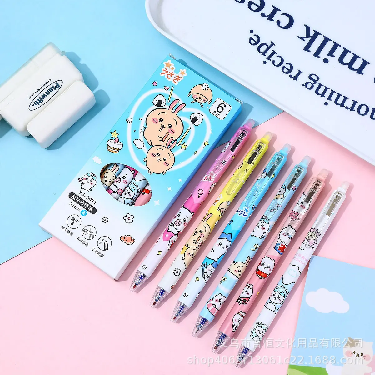 

6pcs/set Erasable Gel Pen Kawaii Cartoon Erasable Pen Blue Ink Pen Cartoon Cute St Quick-Drying Rub Easy to Wipe Erasable Pen