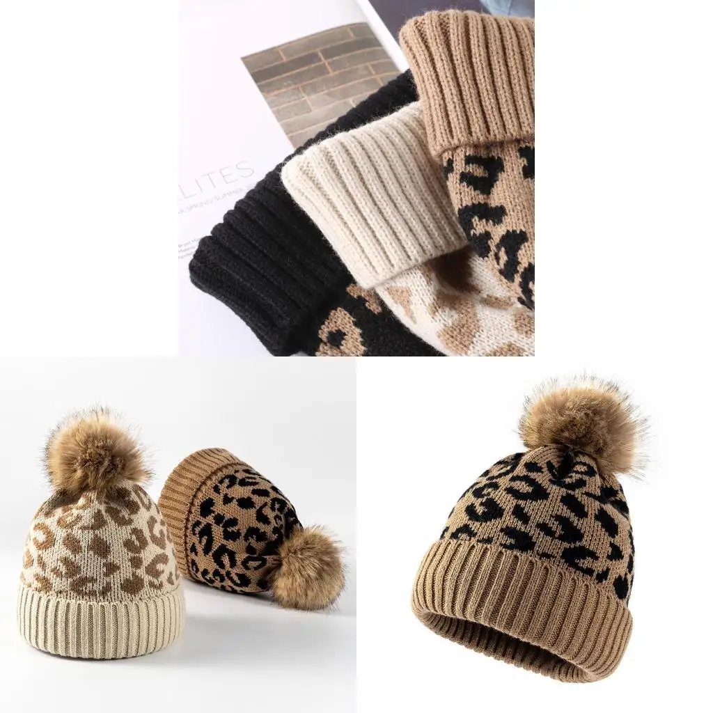 

Новинка 2026 года, вязаная шапка с леопардовым принтом, помпоном и загнутыми краями, вязаная шерстяная шапка с напуском, женская