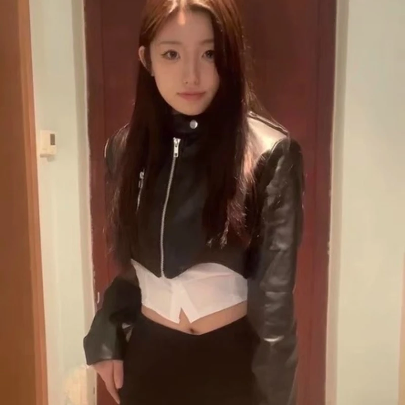 2025 Autumn Short Zipper Leather Stand-up Collar Women's Coat Original Design Motorcycle Sweet Cool Hot Girl Top Jacket Ladies