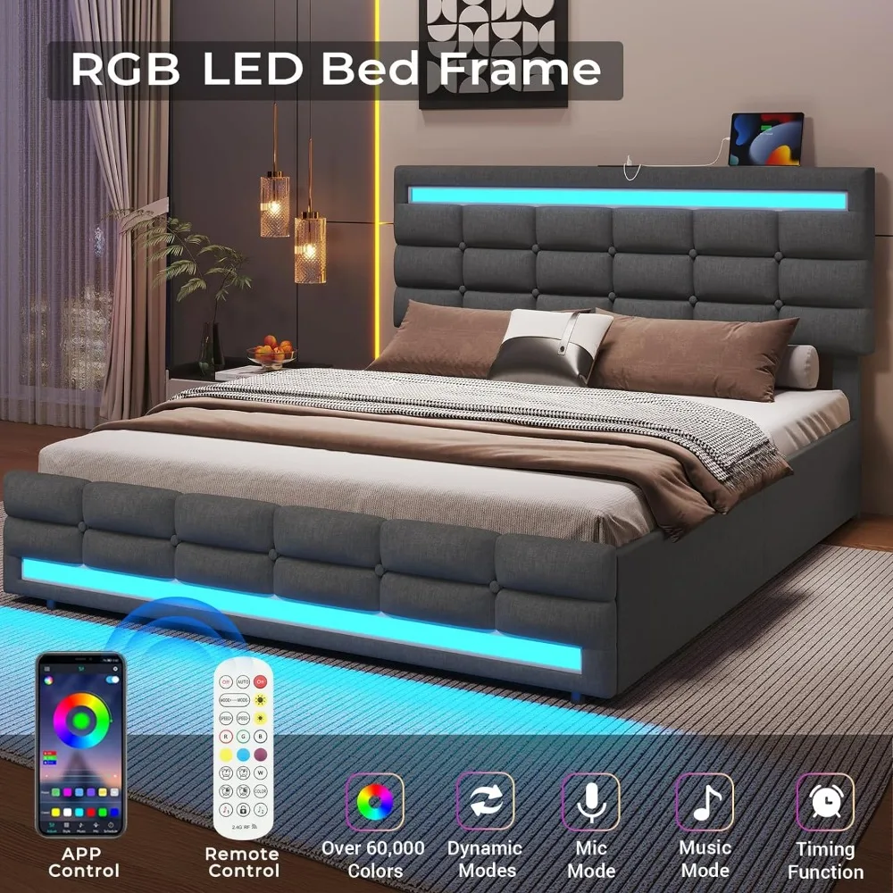 Marco de cama LED con 4 cajones y 2 estaciones de carga USB, plataforma tapizada, marco de cama tamaño Queen, luces LED, cabecero de pie