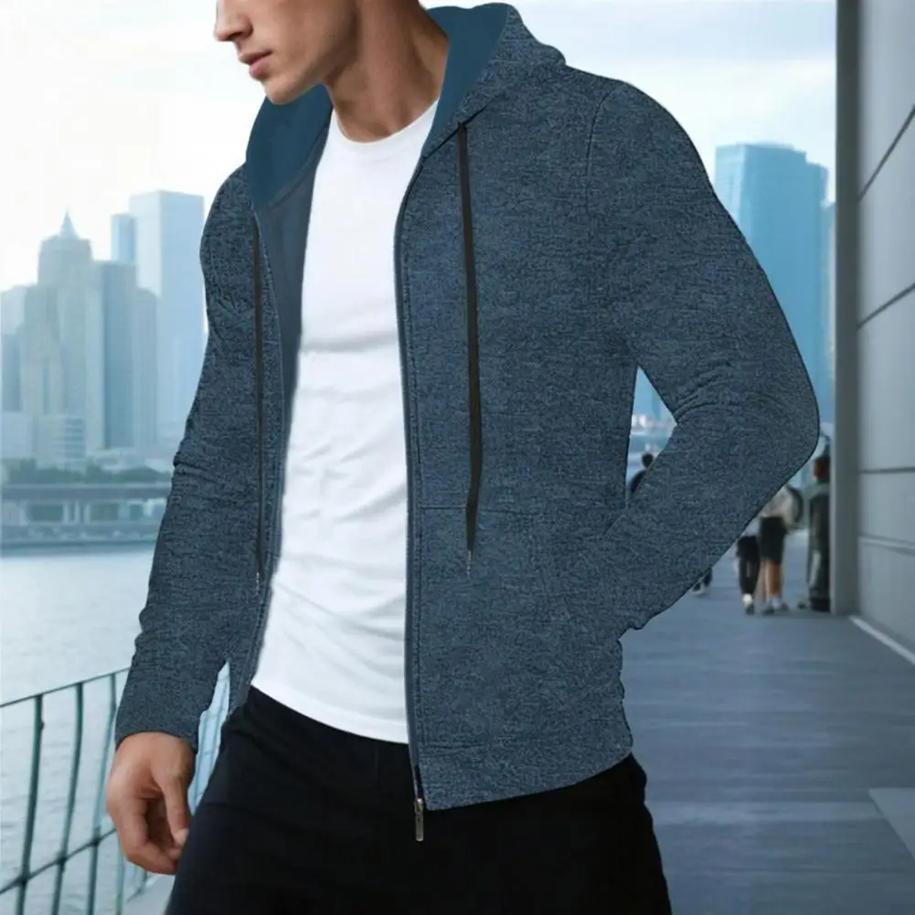 

Soft Men Coat Men Lightweight Jacket Men's Hooded Drawstring Casual Jacket with Zipper Closure Pockets Solid Color for Everyday
