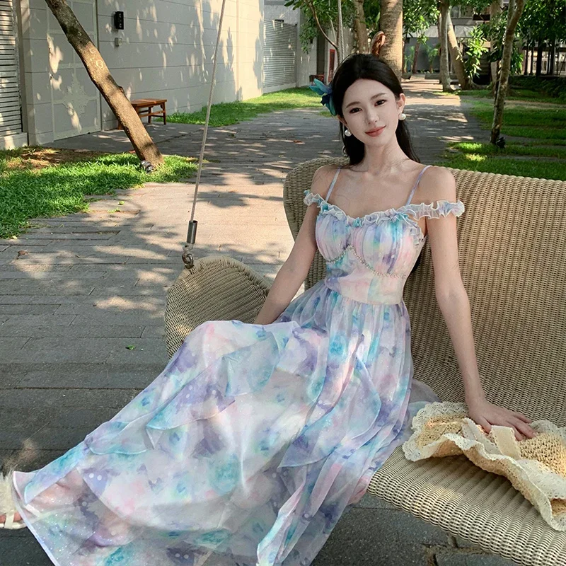 Francuska marszczona sukienka Boho Holiday Beach Dress Women Summer Off The Shoulder Backless Fairy Dress Sexy Evening Party Long Dresses