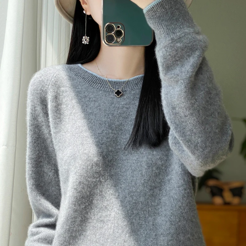 LDZWSM Soft O-Neck Wool Sweater Women's Autumn/Winter New   Pure Wool Knit Round Neck Sweater Korean Loose Pullover