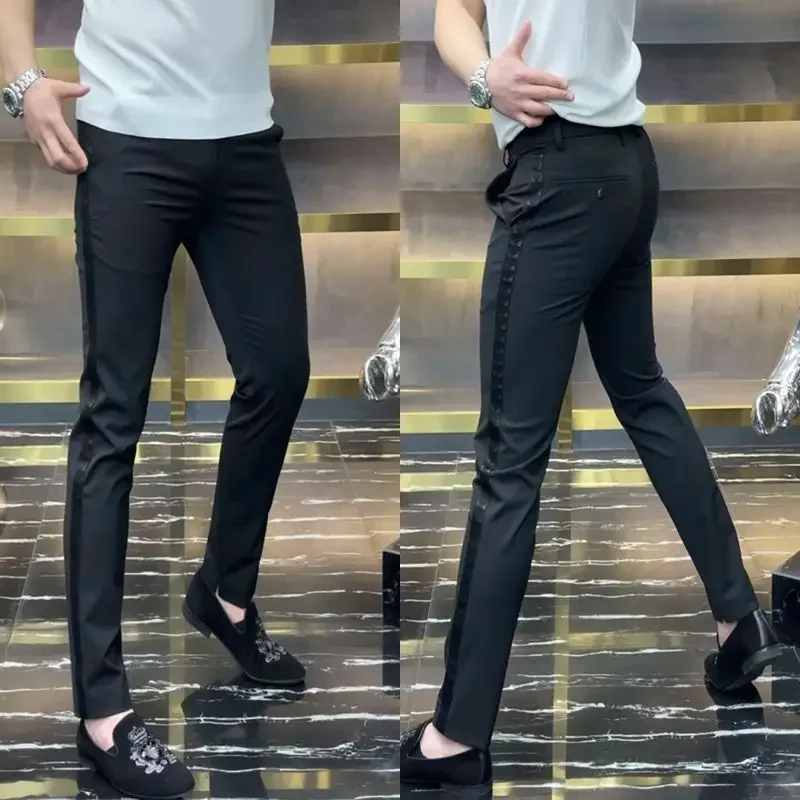 ผู้ชายด้านข้างลายธุรกิจชุดกางเกงดินสอStreetwearแฟชั่นชายเสื้อผ้าElastic Slim CasualตรงกางเกงXT946