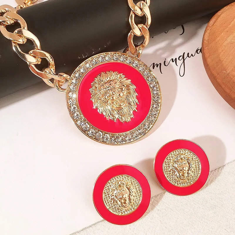 

Fashion Women Trend Set Jewelry Zinc Alloy Chinese Red Necklace Earrings Lion Head Style Valentine's Day Gift Jewelry Girlfriend