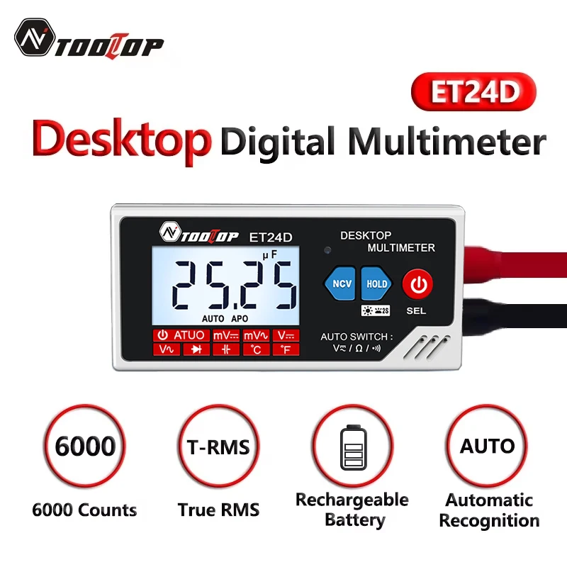 TOOLTOP ET24D Mini multimetr biurkowy 6000 zliczeń True RMS AC/DC 600V rezystancja napięcia pojemność dioda temperatura NCV Test