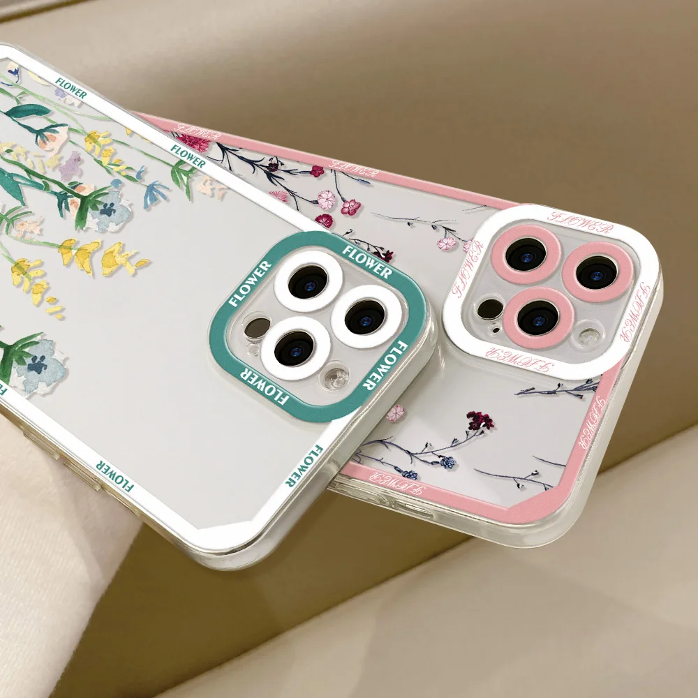 Flower Clear Case For iPhone 11 Pro Max 14 12 13 Pro 7 8 Plus X XR XS Max SE 2020 2022 Shockproof Lens Protection Soft TPU Cover