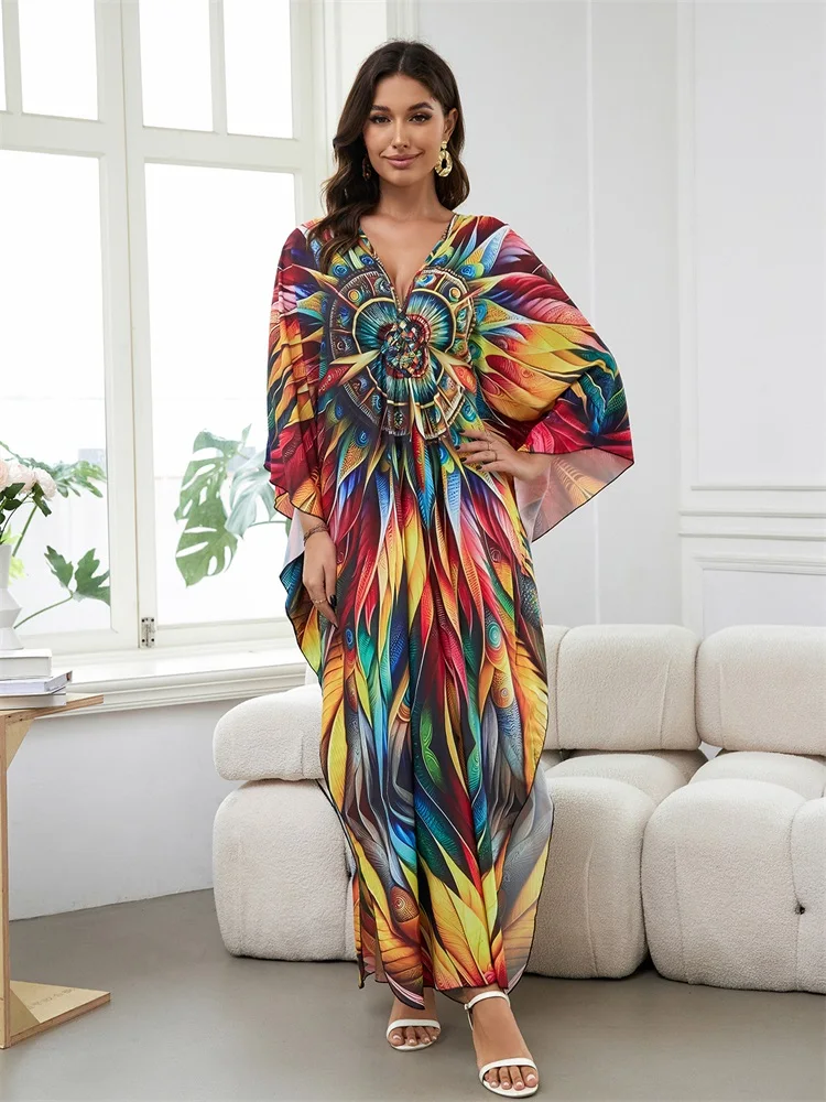 Elegancka damska damska Plus Size Kaftan 2024 letnia sukienka z dekoltem w stylu Boho z dekoltem w szpic seksowna okrycie plażowe sukienka Q1588