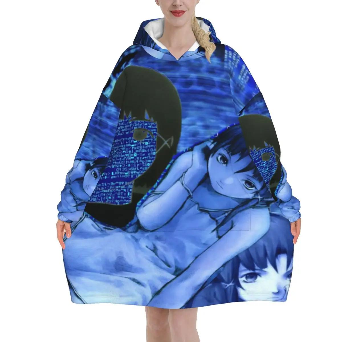 Serial Experiments Lain Lwakura Oversized Blanket Hoodie Sweatshirt Long Fleece Hooded Wearable Blanket with Large Pocket