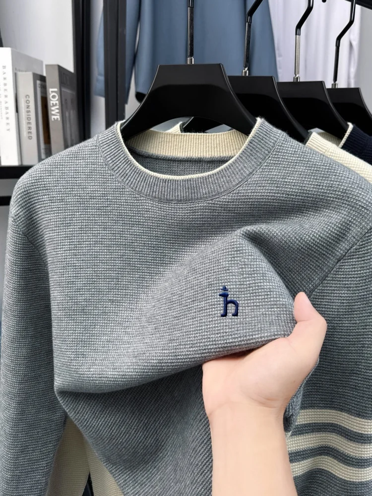 High End Sweater Designer Winter New Classic Striped Cartoon Dog Embroidery Luxury Brand Men's Round Neck Fashion Knit Pullover