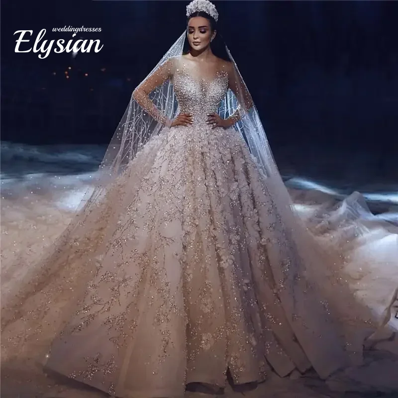 Personalizado novo vestido de casamento de luxo feito à mão elegante renda manga longa vestido de casamento sexy o-pescoço weddin